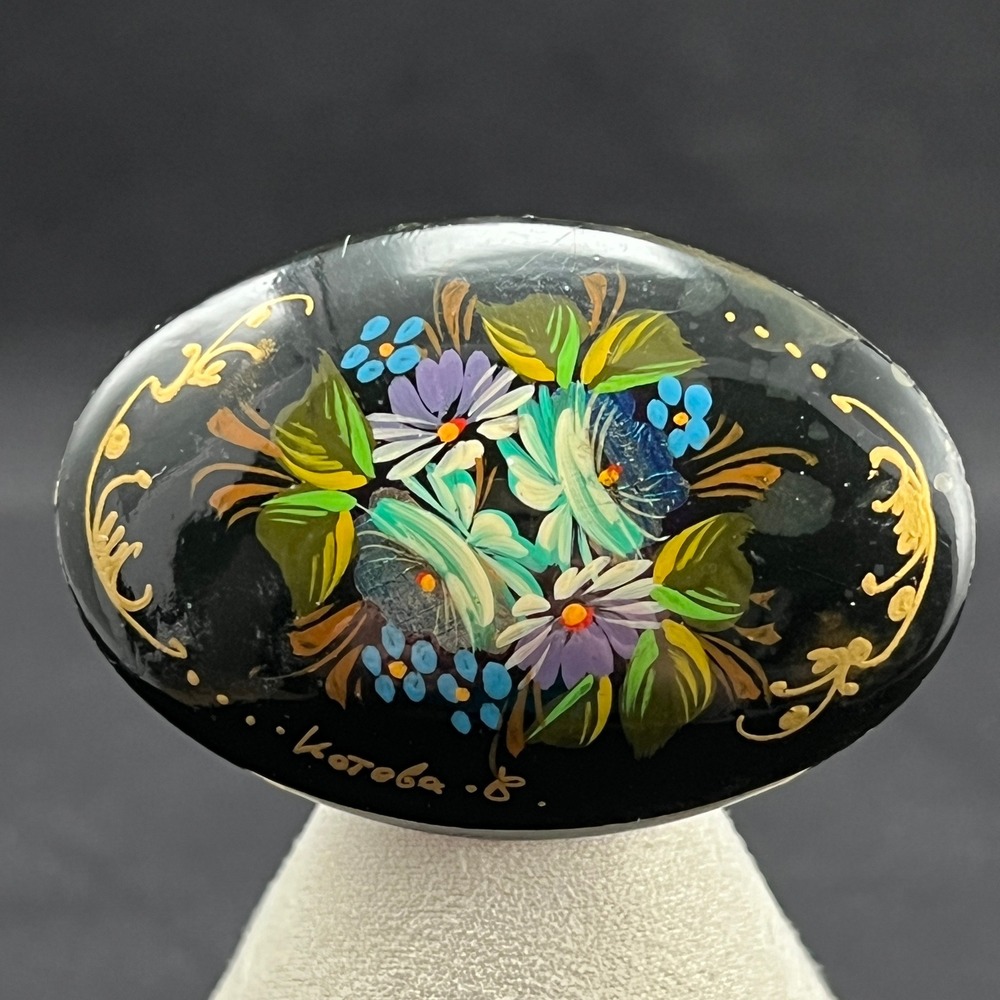 Vintage Lacquered Brooch Black Hand Painted Floral Blue Gold Signed Kotova V